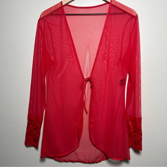 Fantasy Lingerie Women Top One Size Cheery Red Mesh Sheer Embroidered Valentine - Picture 7 of 9